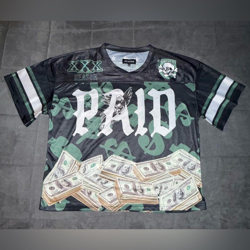 Reason Men's Black and Green 'Paid' Graphic Jersey Size XL